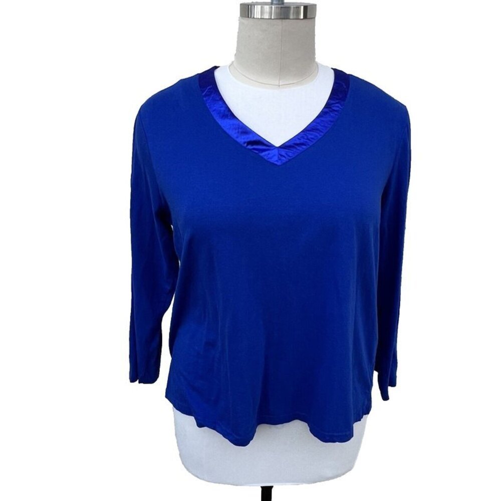 BLIS - Women's Blue Satin Trimmed V Neck Long Sleeve Relaxed Tee 3X Plus
